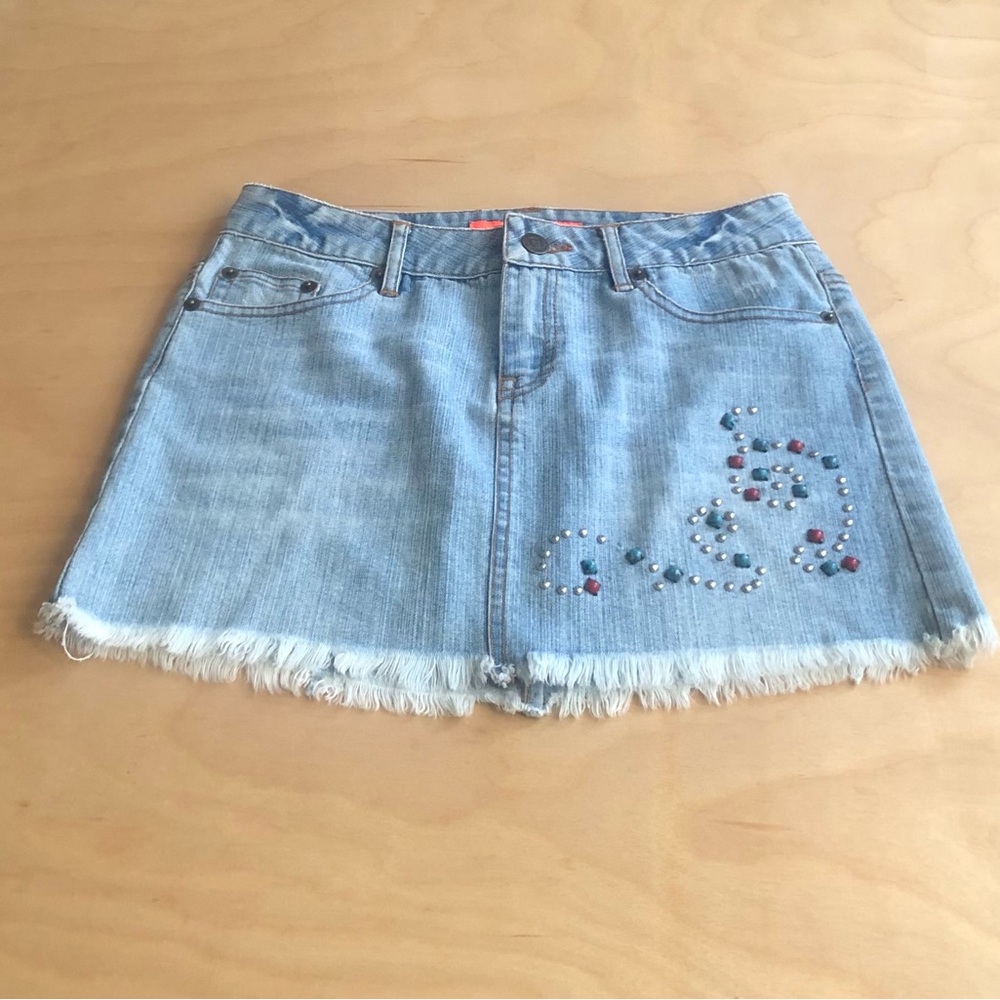 London PAC Light Blue Jean Mini Skirt Studed Y2K Frayed Hem Juniors XS.
